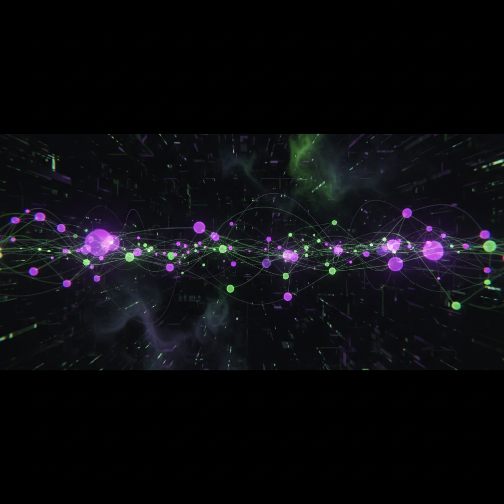 abstract futuristic blockchain network background, glowing purple and green nodes, dark cybernetic theme, connecting lines, 4k resolution, solana aesthetic