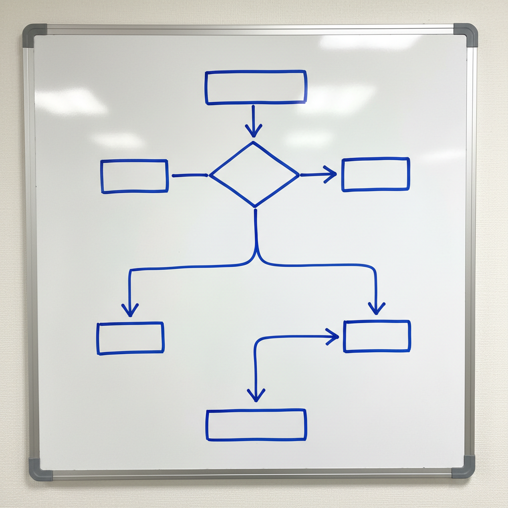 Flowchart diagram of a vending machine process logic on a whiteboard, clear lines, blue marker style