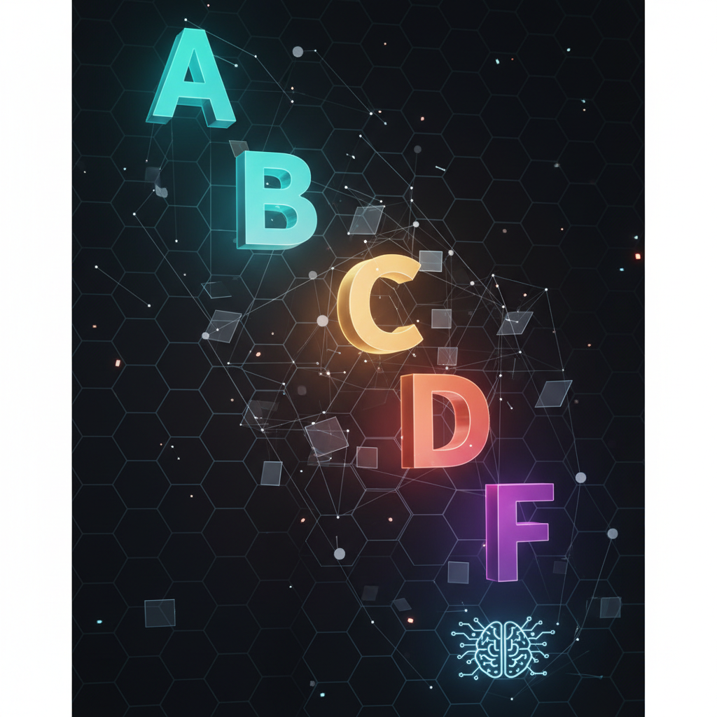 academic grading system concept, letters A B C D F, 3d render, glowing text, dark background, education technology