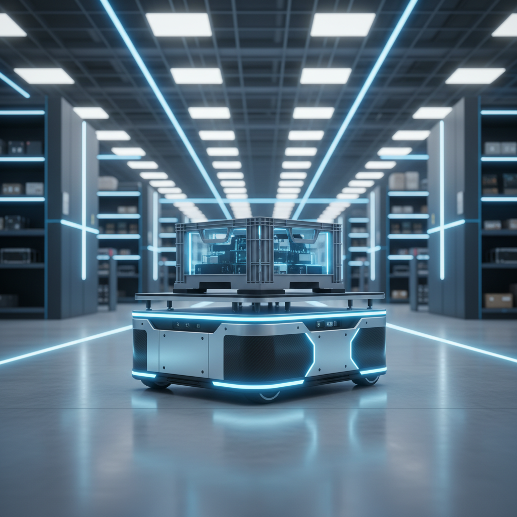 A sleek, modern autonomous mobile robot moving smoothly across a futuristic polished concrete warehouse floor, carrying a crate, with soft blue lighting accents, hyper-realistic, high tech style