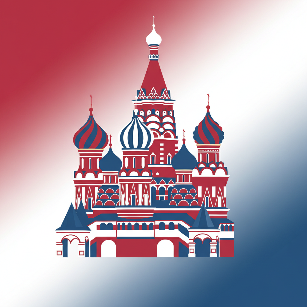 Modern minimalistic illustration of Saint Basil's Cathedral in Moscow, geometric shapes, red white and blue gradient background, flat design