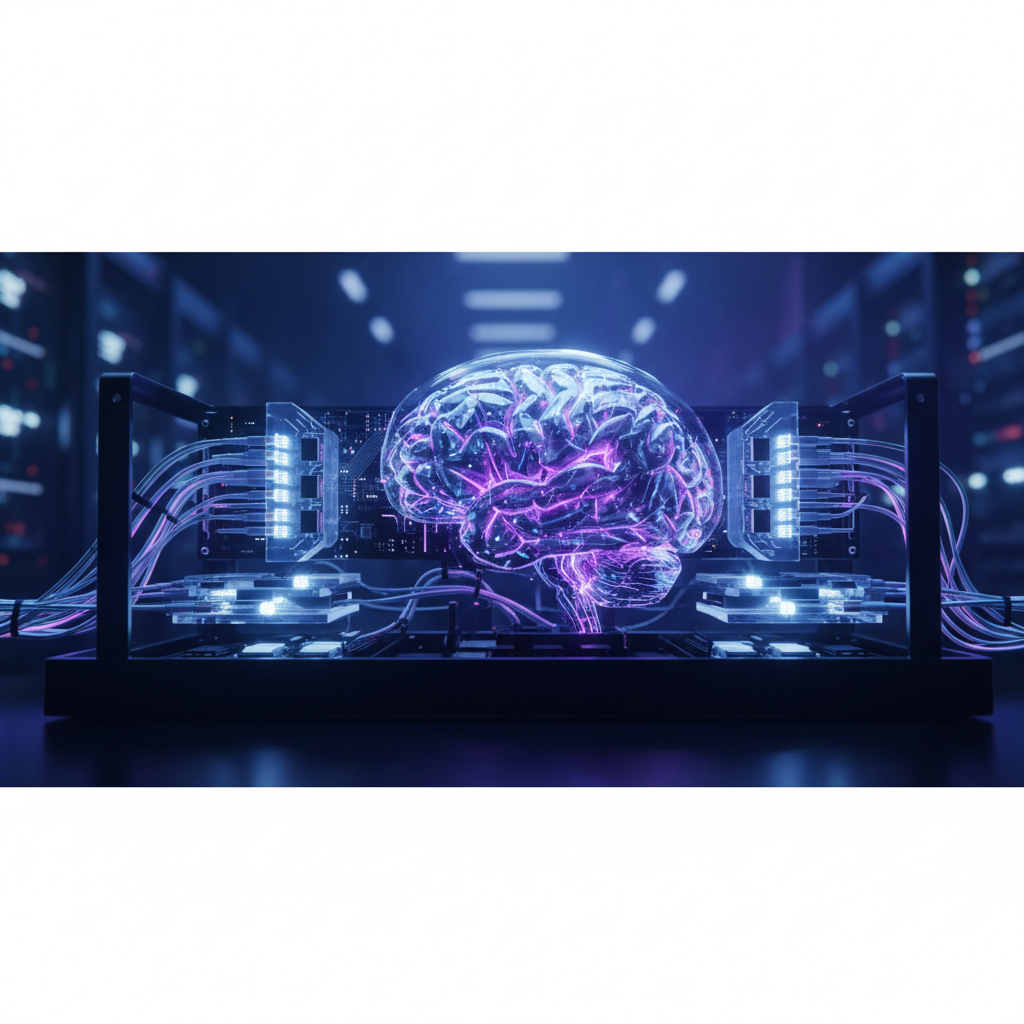 Futuristic concept of artificial intelligence brain integrated with server hardware, glowing neural pathways, cinematic blue and purple lighting
