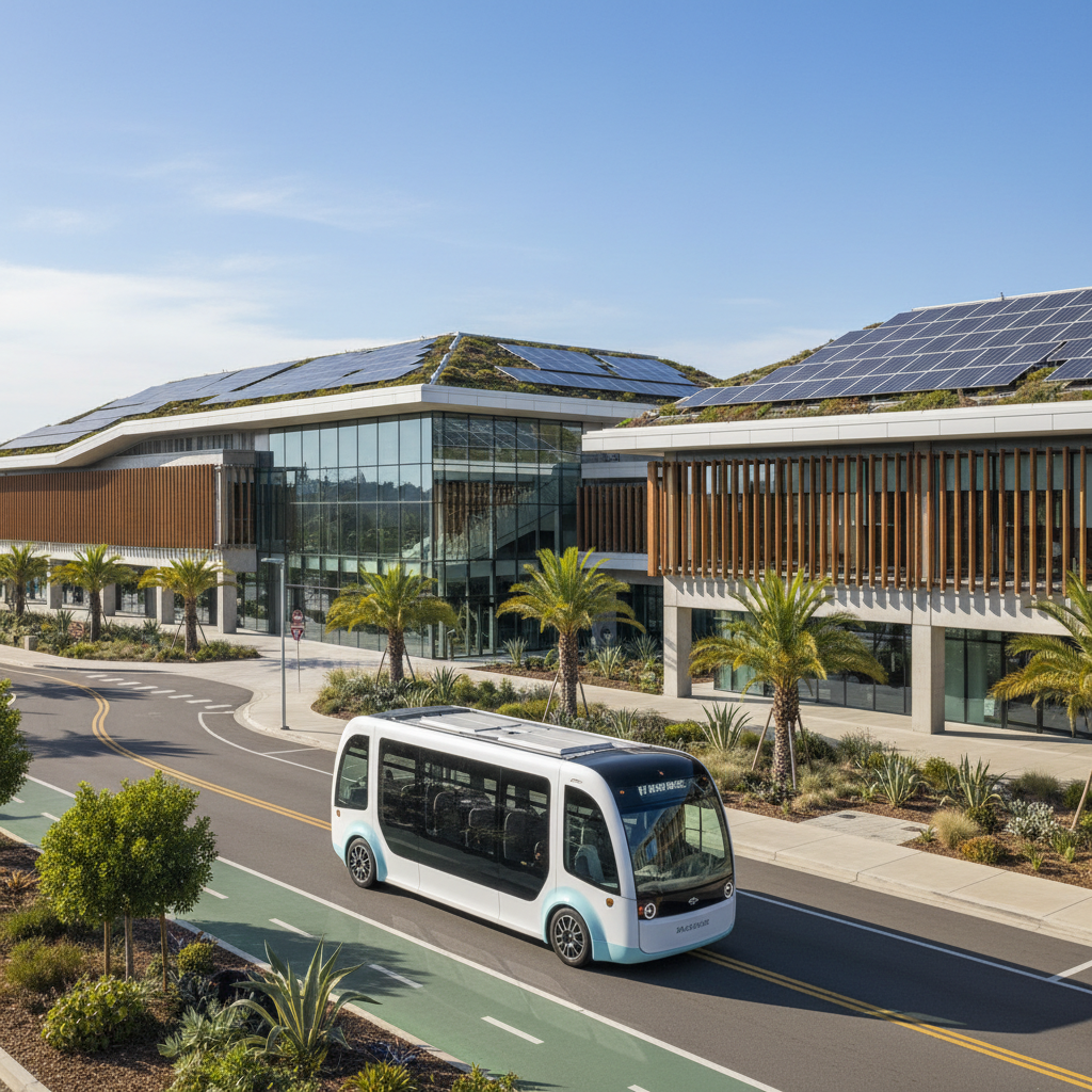 Electric shuttle bus driving outside a modern sustainable convention center, solar panels visible on roof, sunny day, professional architectural photography