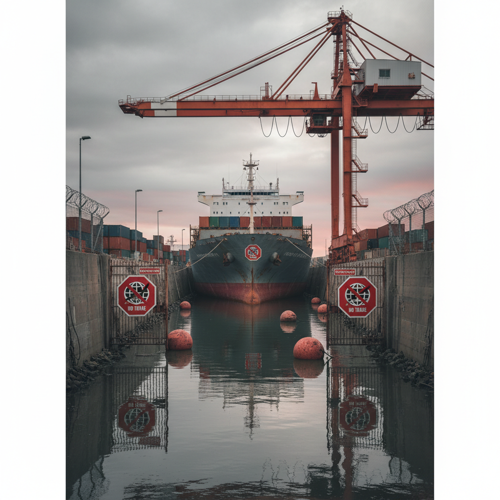 Container ship stopped at a depressed harbor with red prohibition signs, symbolizing trade sanctions