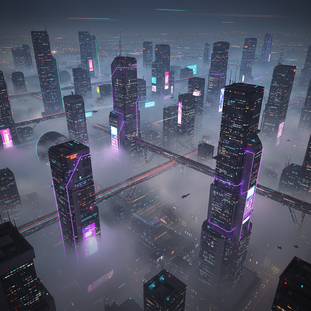 Cyberpunk city horizon at night, heavy fog, neon purple and green lights, futuristic architecture, expansive view