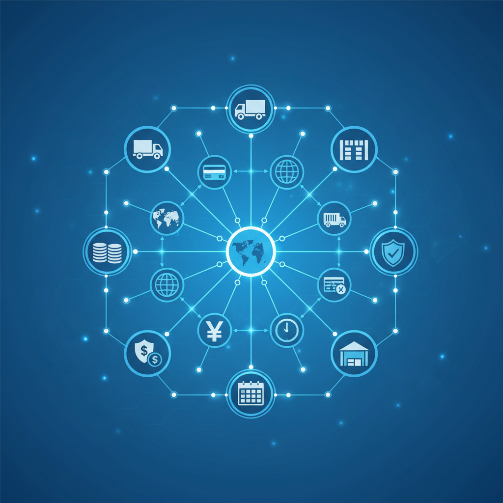 Abstract illustration of logistics icons, payment symbols, and calendar icons connected in a structured network, clean corporate style blue