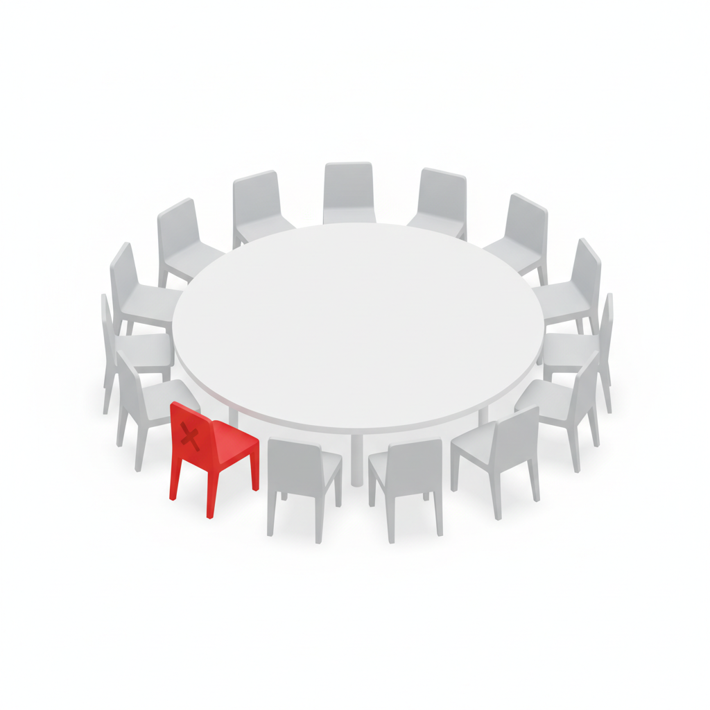 3D isometric illustration of a round table with 27 chairs, one chair is red and distinct, symbolizing a veto, clean style white background