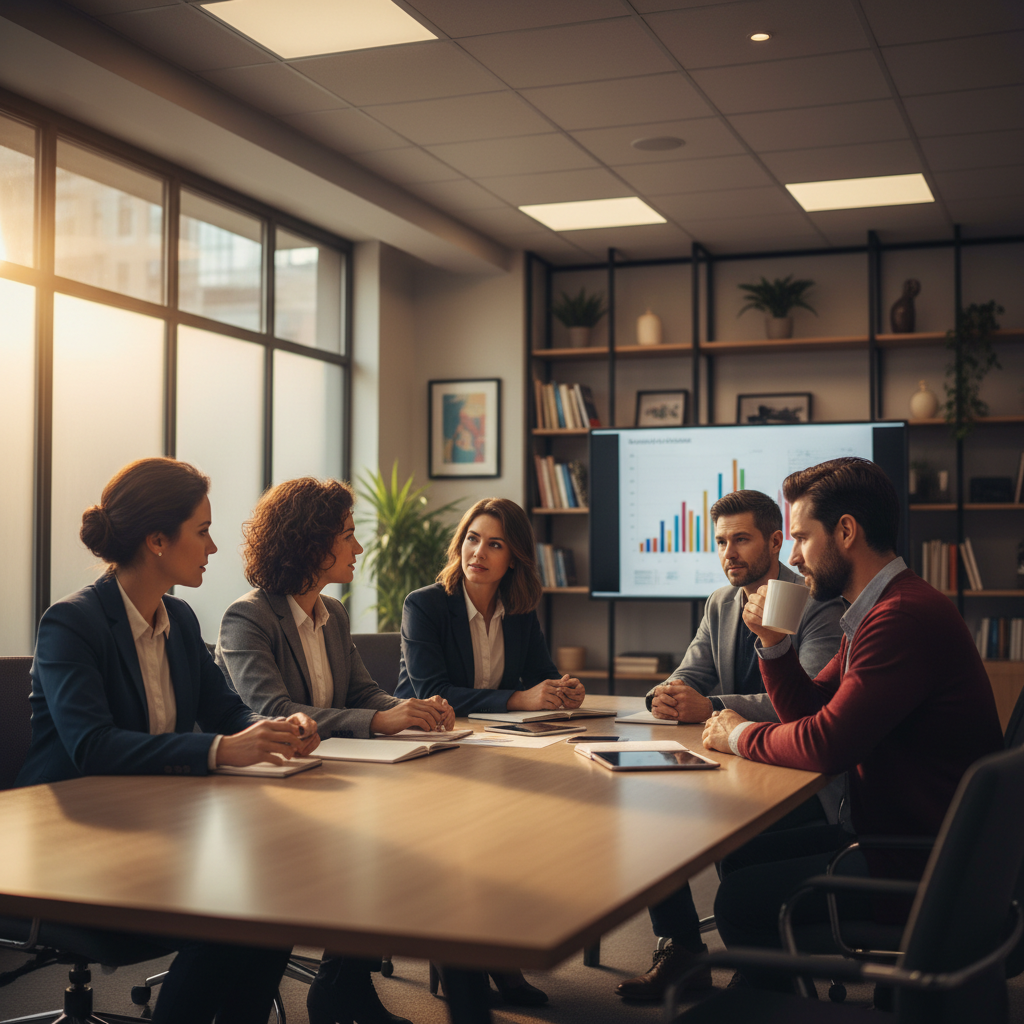 Teachers collaborating in a meeting room, professional development, serious but positive atmosphere, cinematic lighting