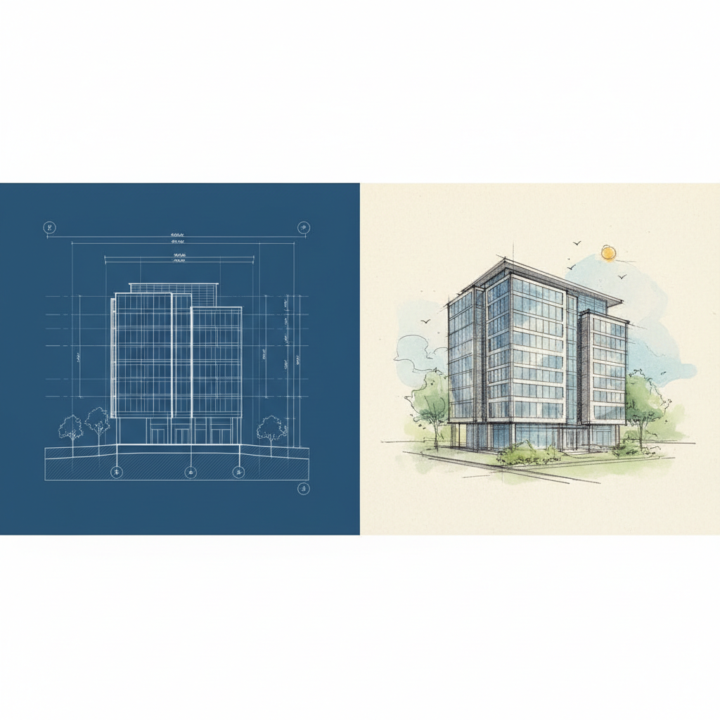 An artistic split image showing technical blueprints on one side and a beautiful building sketch on the other, white background, minimalist