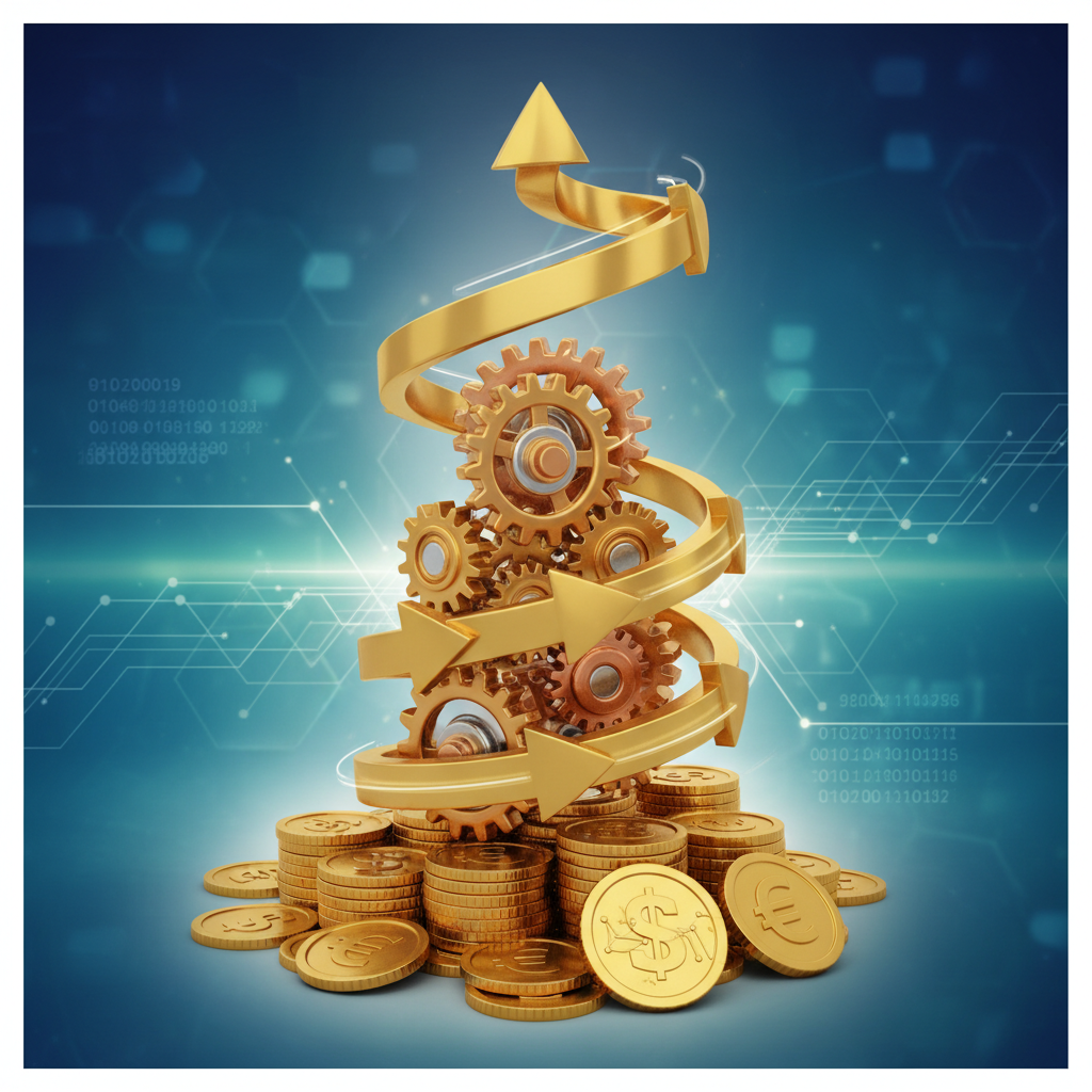 abstract concept of economic growth, upward trending arrows, stacking coins, and industrial gears, 3d render style