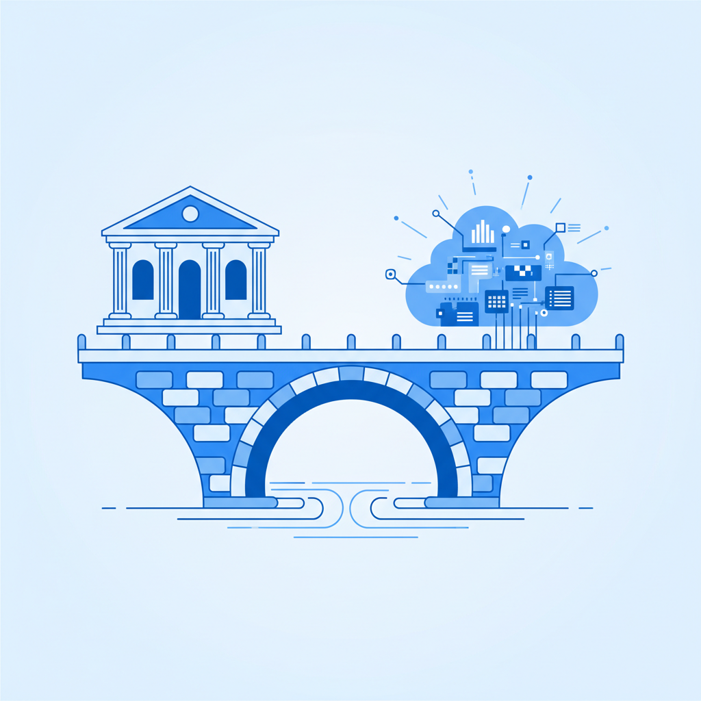 symbolic illustration of a stone bridge connecting an old classic bank building on one side and a futuristic digital cloud abstract structure on the other side, minimalist flat design vector style blue and white