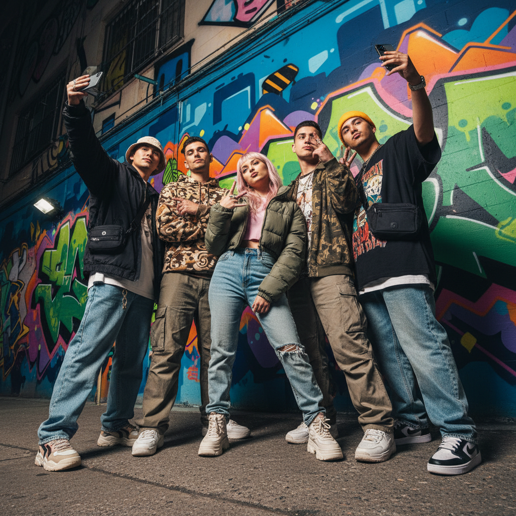 Group of trendy young gen z people taking selfies in streetwear fashion, urban setting, bright colors, dynamic angle