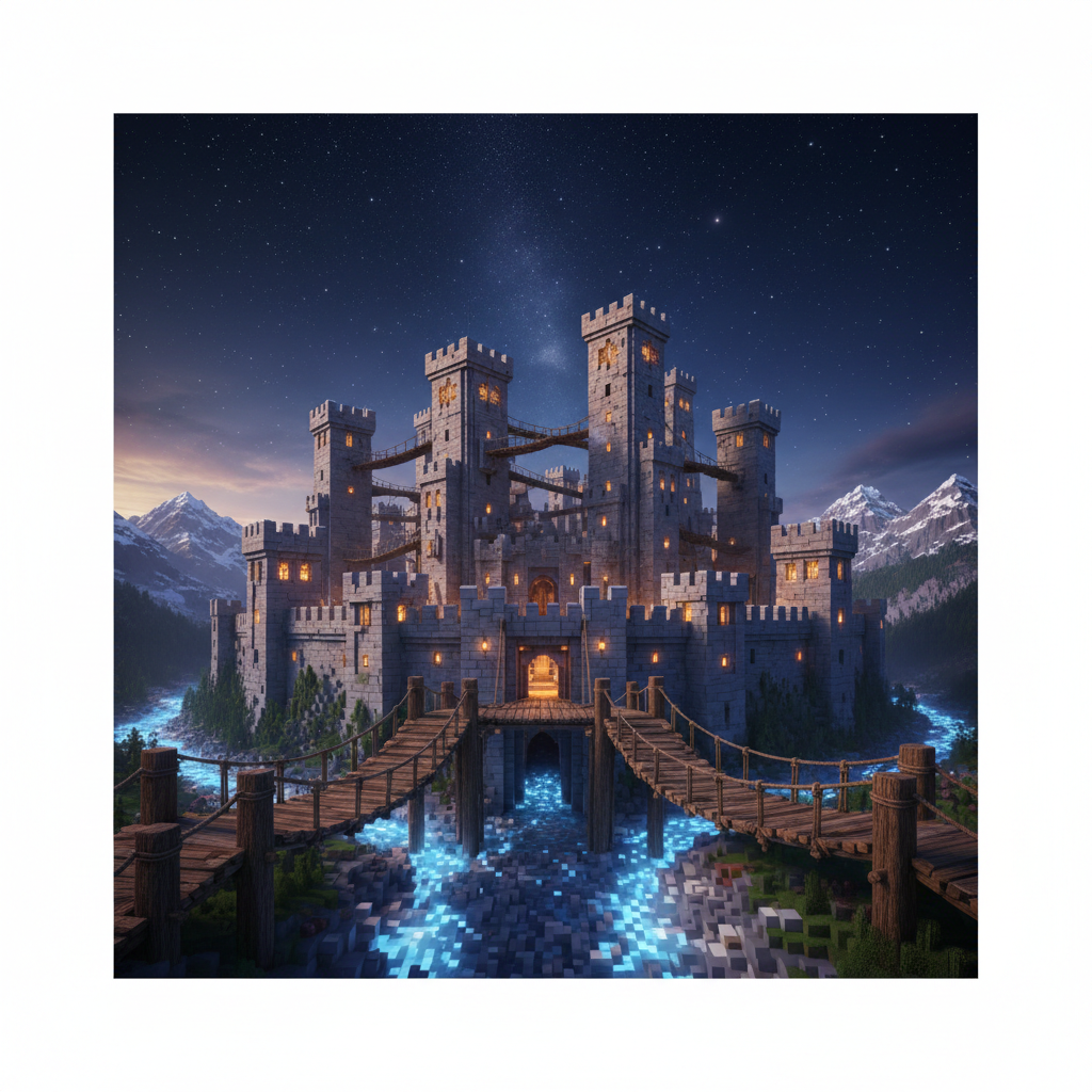 A wide shot of a medieval blocky kingdom with walls, towers, and wooden paths (Prime Path) under a starry night sky. The scene feels epic and lore-heavy.