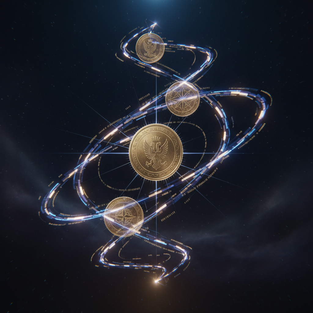 coin toss in the air frozen in time, probability concept, digital art, dark background, cinematic lighting