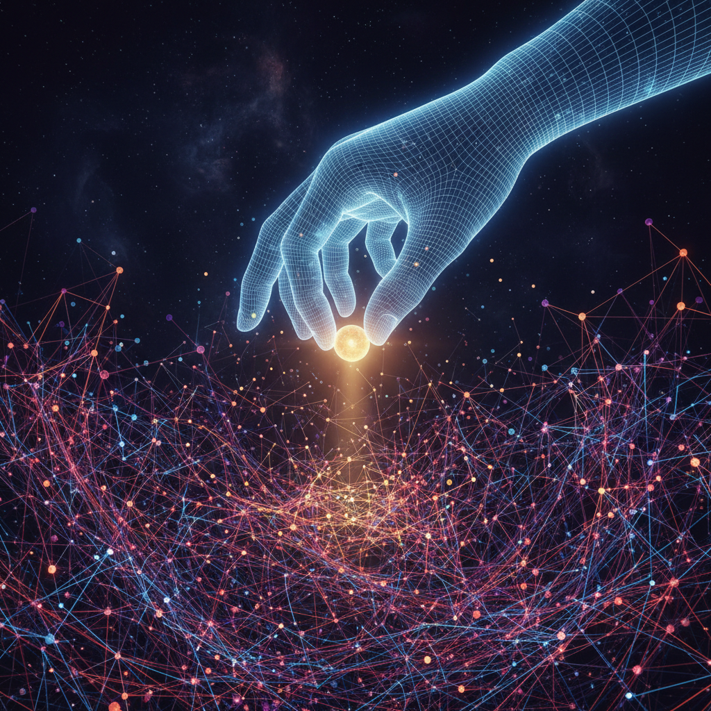 Conceptual illustration of a giant hand selecting a single node from a complex tangled network graph, representing a centralized decision vs chaos