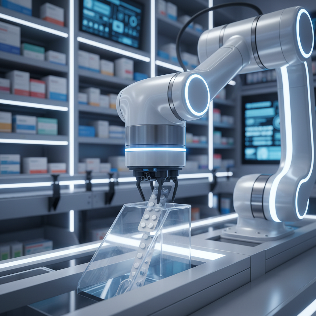 High-tech pharmacy robot dispensing medication, close up, sleek design, blue and white lighting