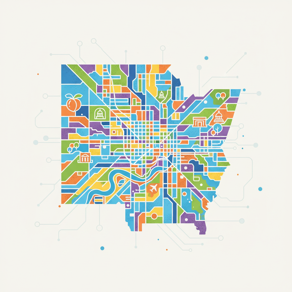 Stylized artistic map of Atlanta Georgia USA, creative colorful vector style, minimal background