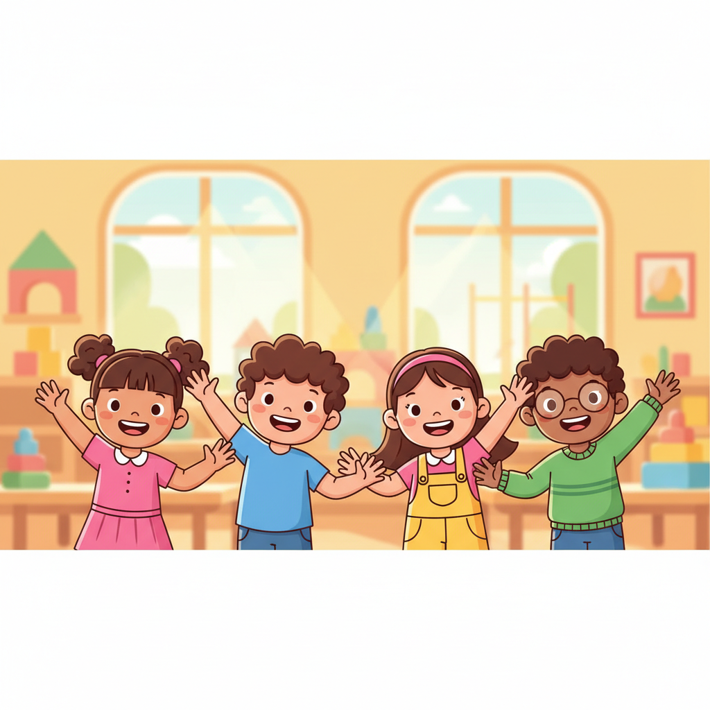 Happy smiling diverse children in kindergarten waving hands, bright background, cartoon style