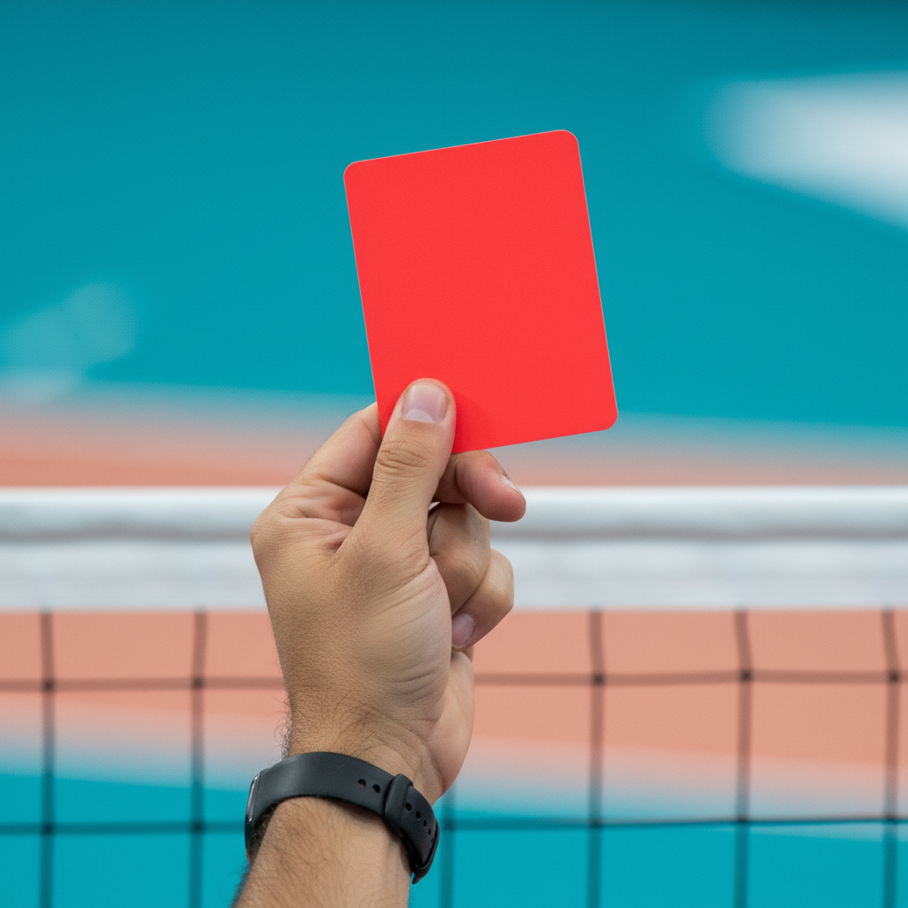 volleyball referee holding a red card, close up hand detail, intense sports moment, blurred background of volleyball net