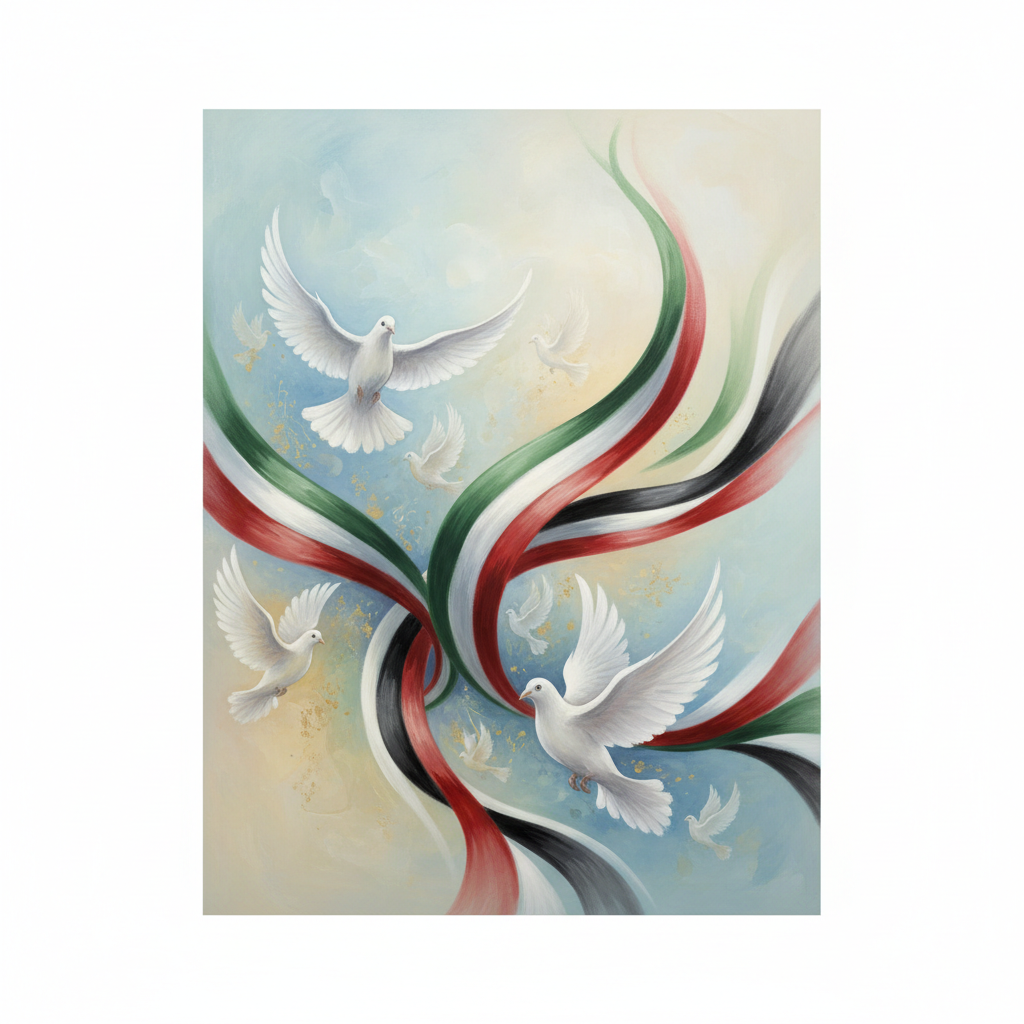 Abstract painting representing bravery and peace, use doves and UAE flag ribbons, gentle colors, respectful