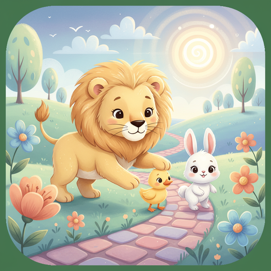 A cute cartoon lion gently guiding a duckling and a bunny, storybook illustration style, pastel colors, soft edges, friendly and safe atmosphere