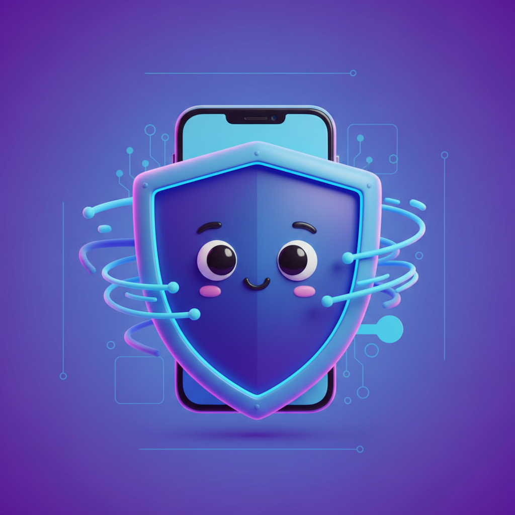 Cybersecurity illustration, friendly cartoon style, a shield protecting a smartphone, neon blue and purple color palette, 3d render style, digital art