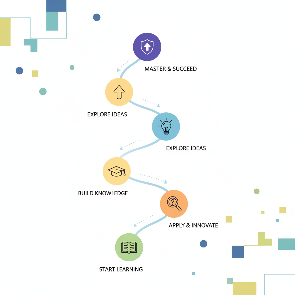 Illustration of a path or roadmap with 5 milestones, minimalist vector style, education theme