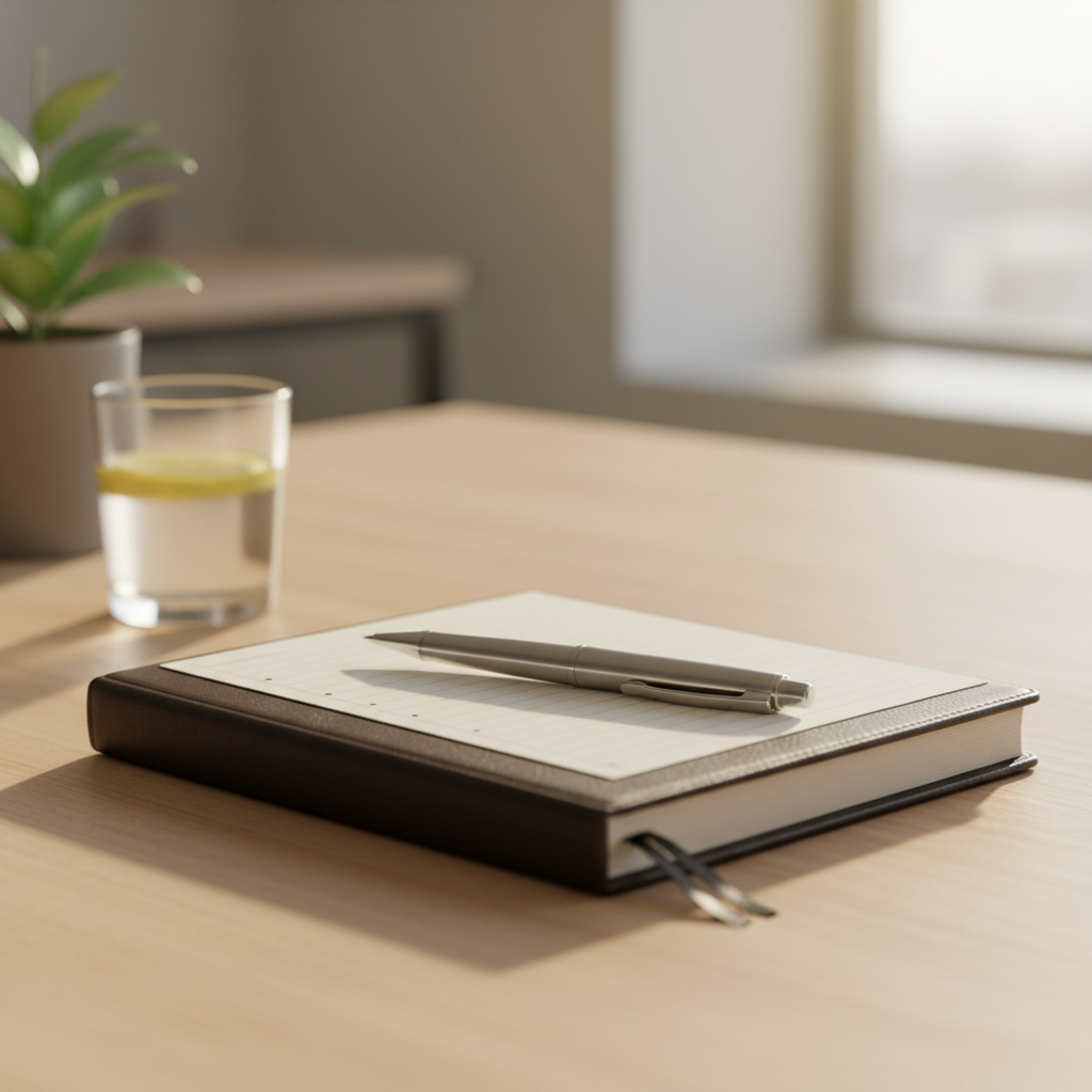 Close up of a professional notebook and pen on an office desk, interview concept, soft natural lighting, no people, photorealistic
