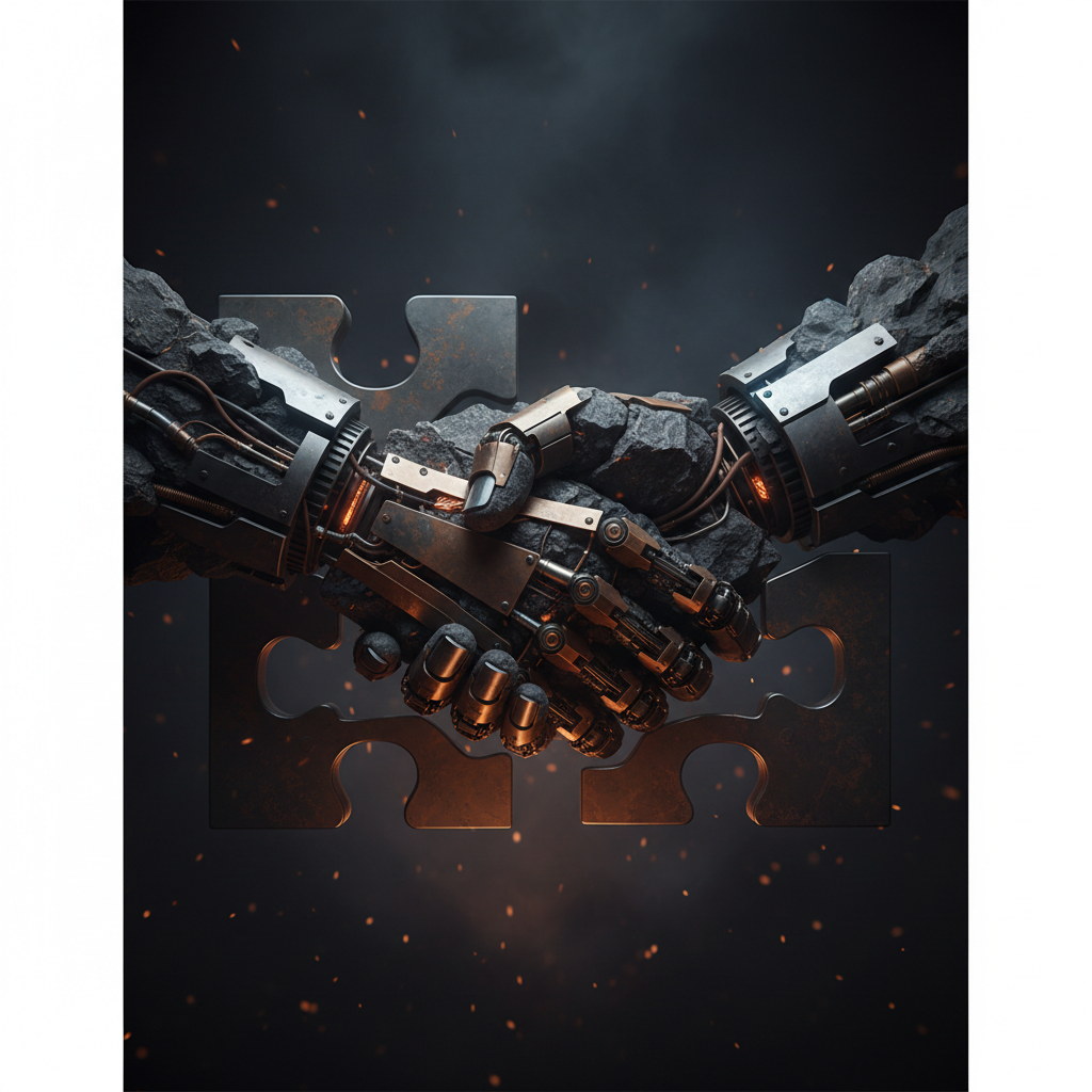 Two robotic hands shaking or puzzle pieces joining together made of rock and metal, symbolizing industrial strategic partnership, dark background.