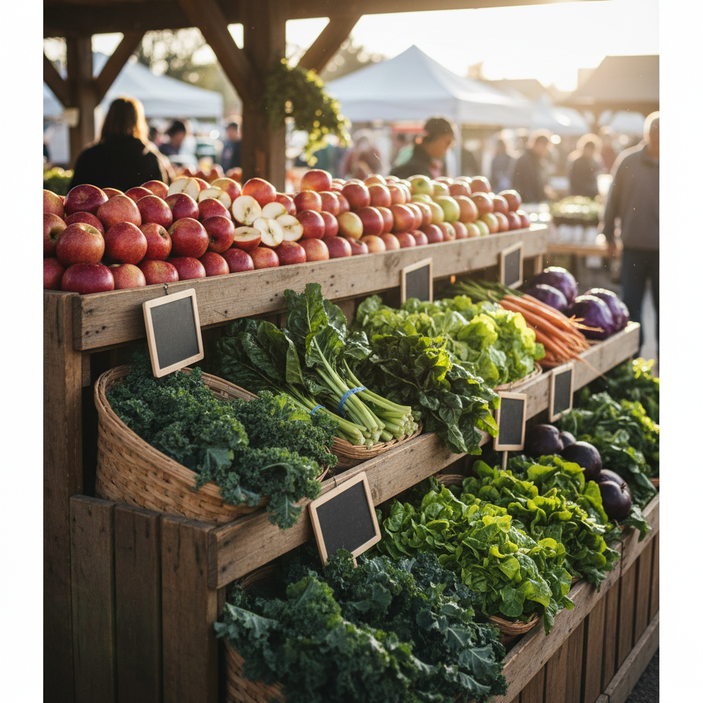 A beautifully arranged farmers market stall with tiered wooden shelving, overflowing with red apples and green leafy vegetables, chalkboard price tags, warm sunlight