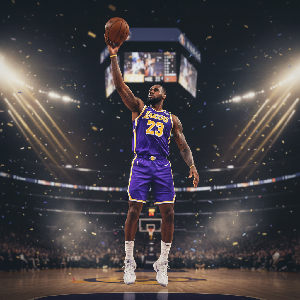 LeBron James in mid-air taking a jump shot, stadium lights in background