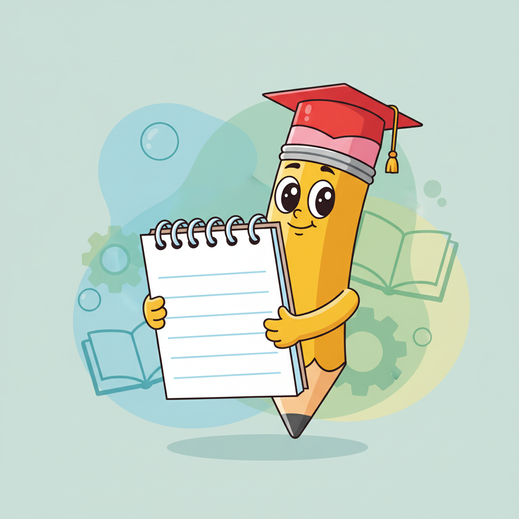 A friendly pencil character holding a notepad, cartoon style, educational