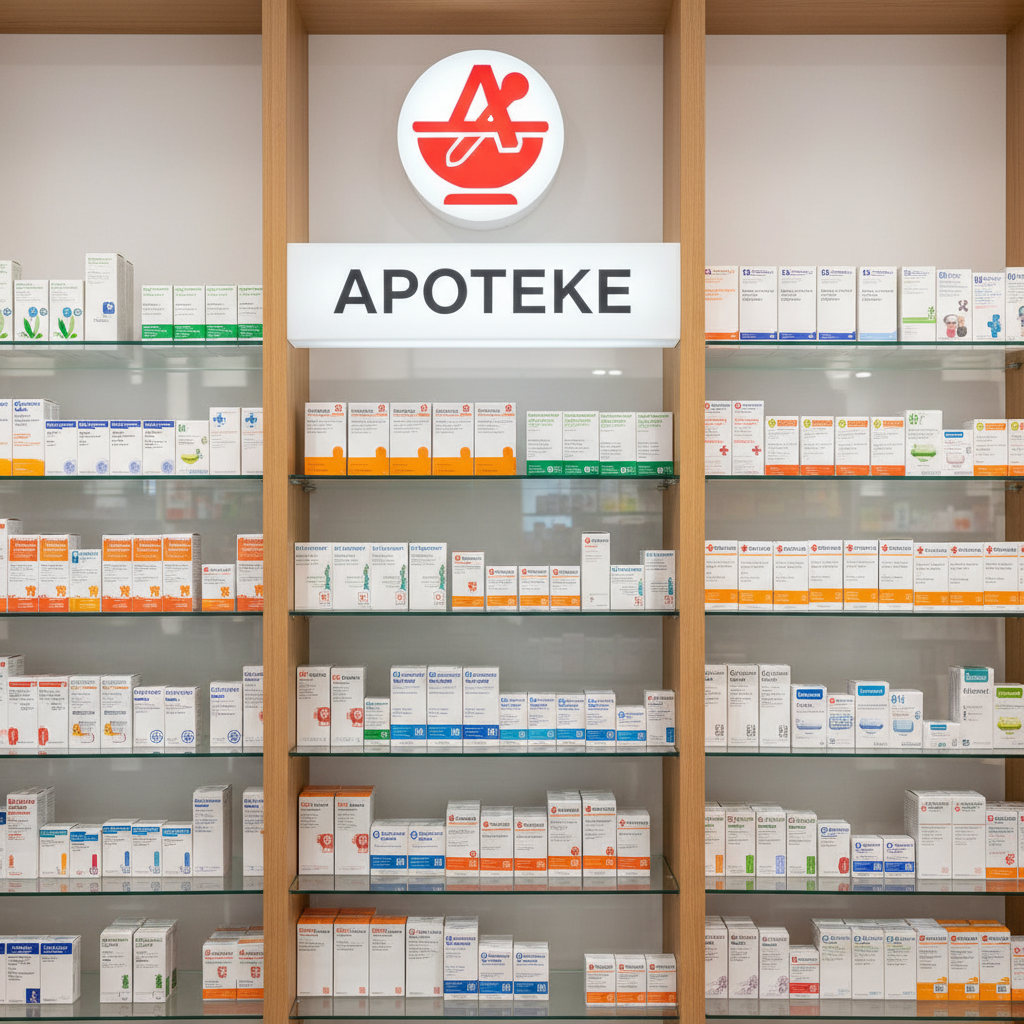 German pharmacy medication shelves, clean arrangement of medicine boxes, pharmacy symbol, Apotheke sign