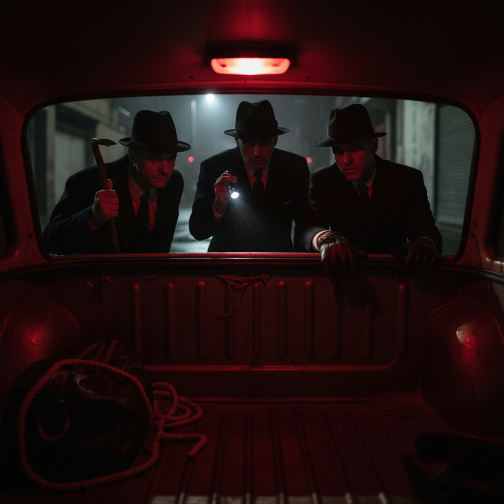Three wise guys opening a car trunk, pov from inside trunk, red lighting