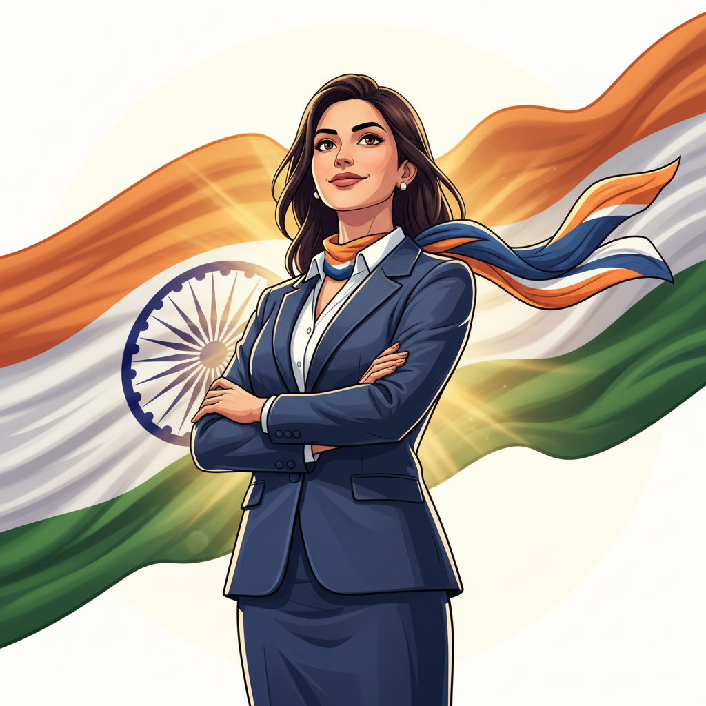 Illustration of a confident young Indian professional woman standing in front of the Indian flag, low angle shot, inspiring.