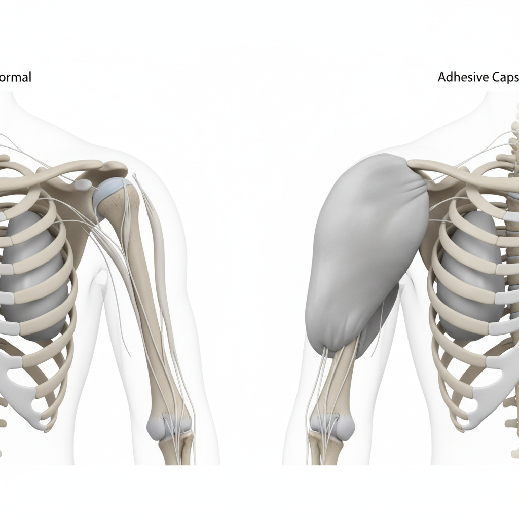 A comparison medical illustration showing a normal shoulder joint on the left and a frozen shoulder led Adhesive Capsulitis on the right with a thickened, tight gray-white joint capsule, 3d render style, clean background.