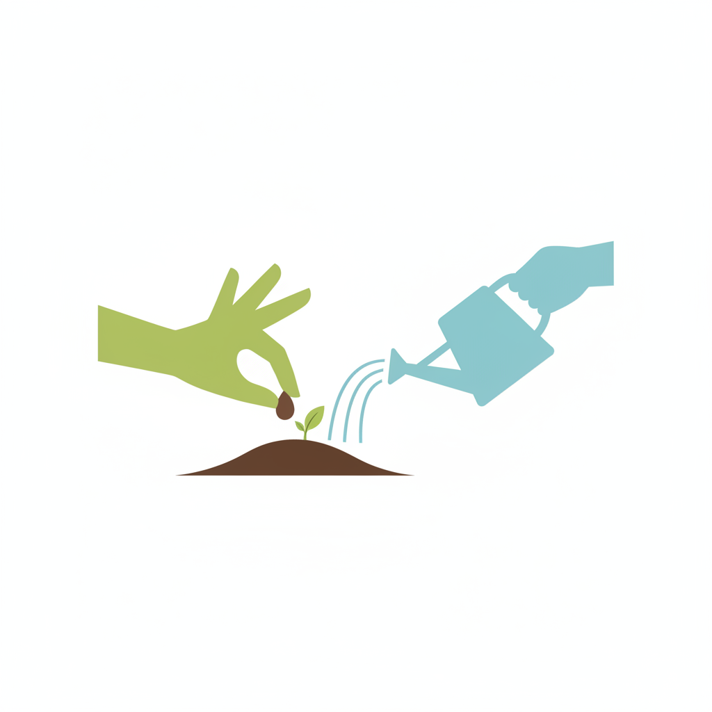 Minimalist illustration of a hand planting a seed and another hand watering it, representing growth and shared responsibility, corporate style
