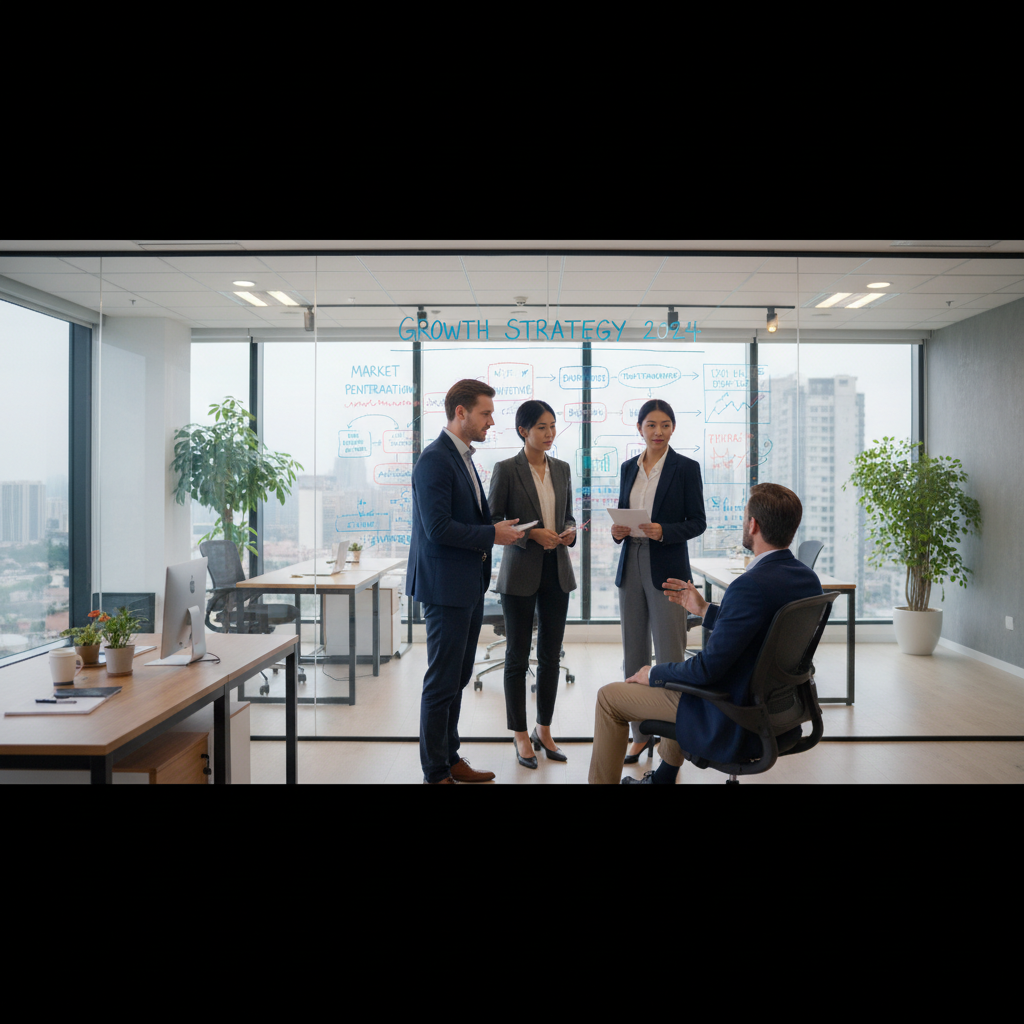 Business team collaborating in modern office, evaluating strategy on whiteboard