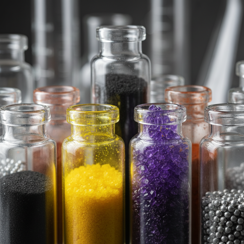 close up photo of colorful chemical elements samples in glass vials, vibrant sulfur yellow, carbon black, iodine violet, lab glassware, macro photography