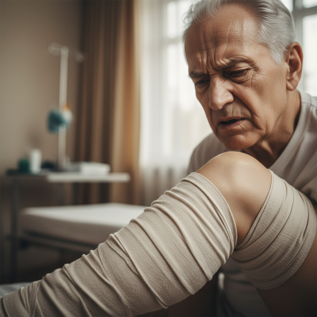 close up of an elderly patient looking uncomfortable with traditional leg bandages, medical setting, soft lighting, focus on expression of discomfort