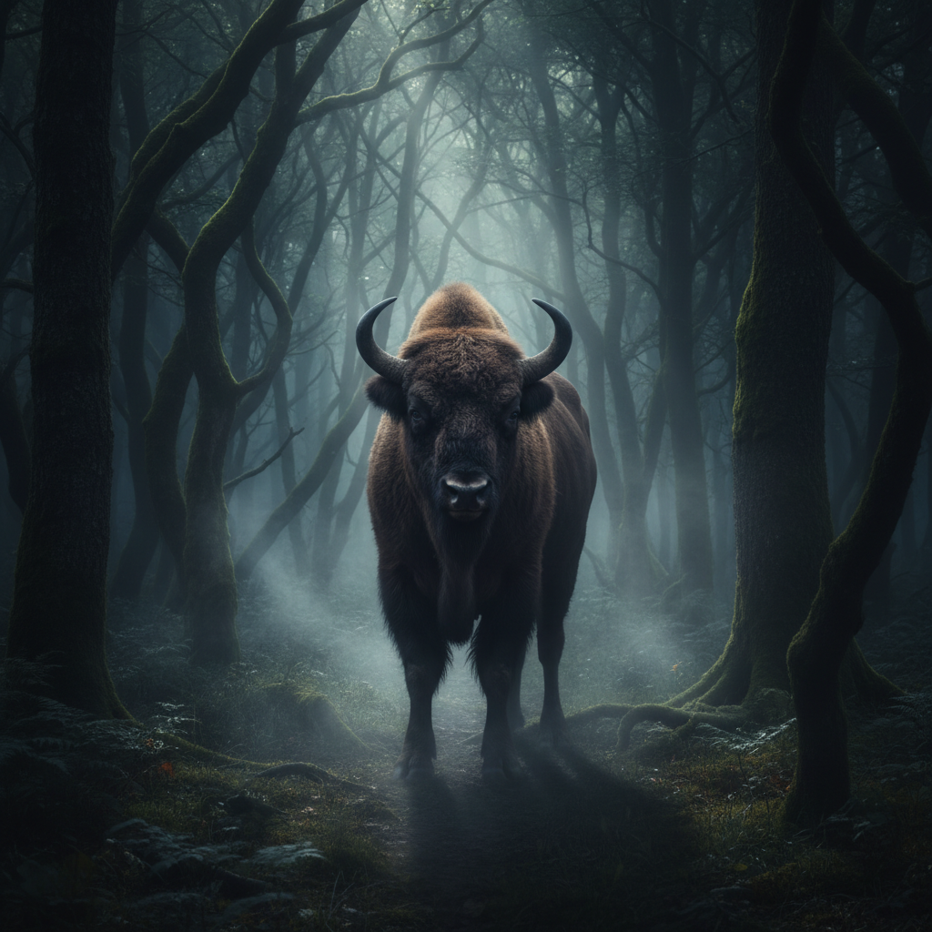European Bison (Zubr) standing in a dark mystical forest, cinematic lighting, realistic style, dark background, isolated, majestic