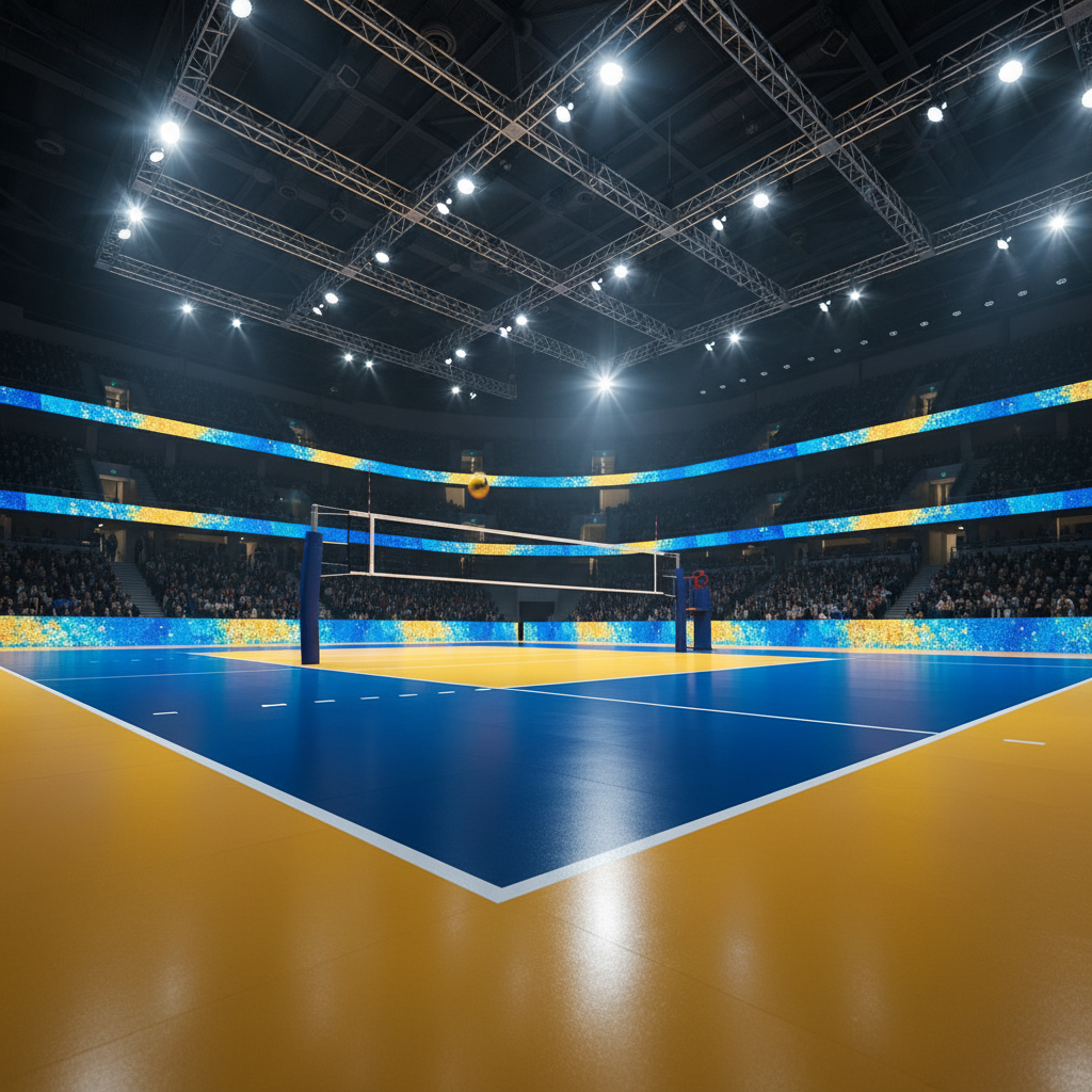 Professional volleyball court stadium with bright lights, dramatic angle, high quality, sports photography style, blue and yellow color scheme