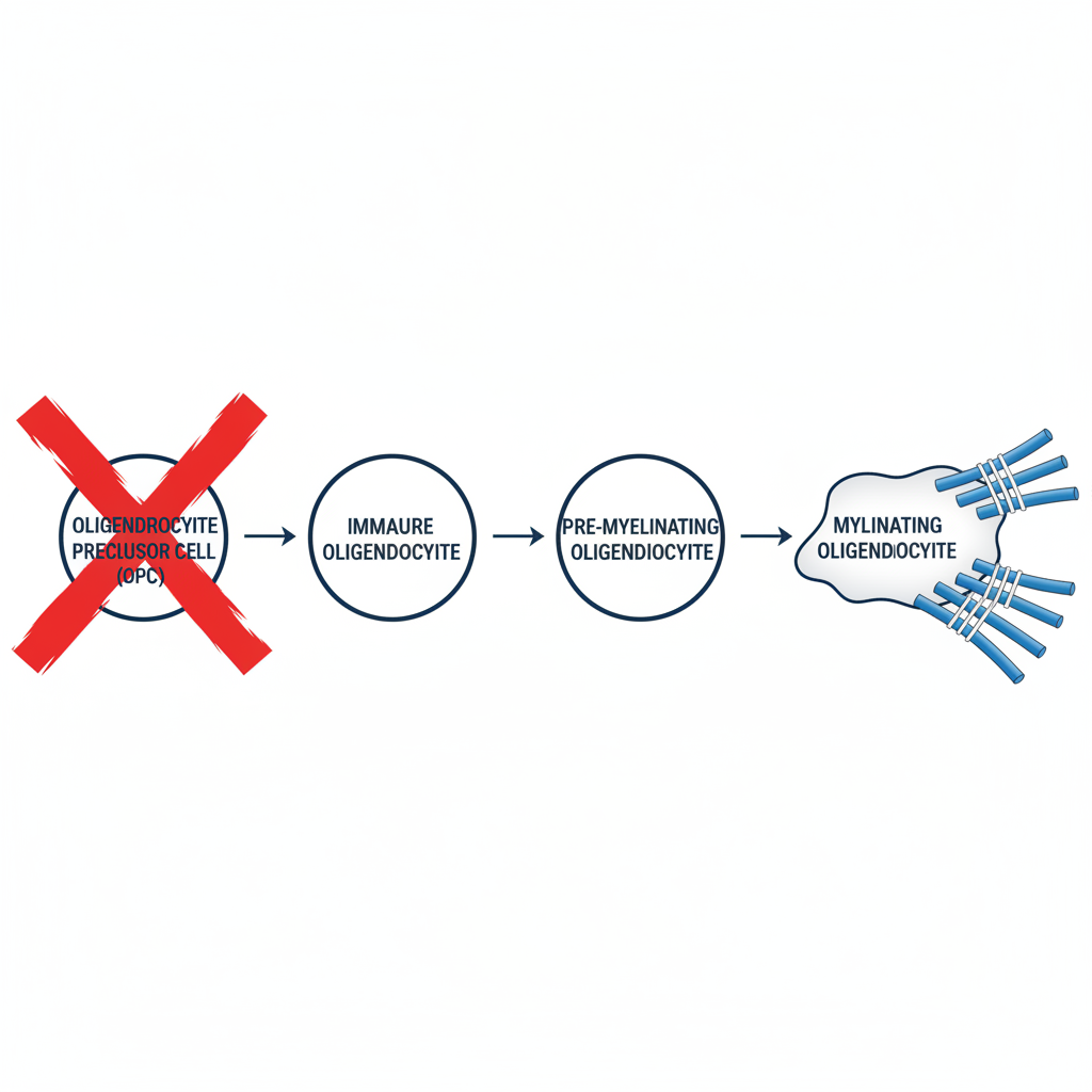 Diagram showing oligodendrocyte lineage progression from precursor to myelinating cell, with a blockage symbol at the precursor stage, scientific schematic style