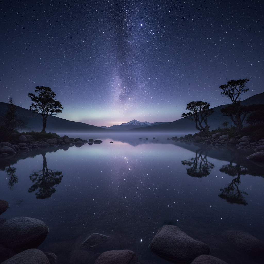 A peaceful landscape with a serene lake reflecting a starry sky, symbolizing a calm and clear mind, mental clarity, photorealistic.