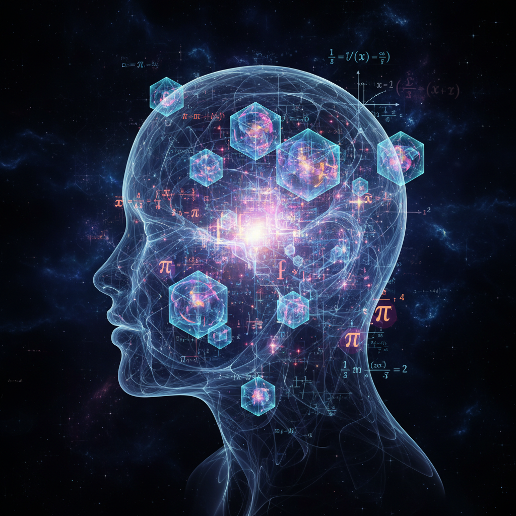 An artistic representation of a human mind interconnected with glowing geometric shapes and mathematical formulas, symbolizing logical thinking and problem solving, futuristic education style