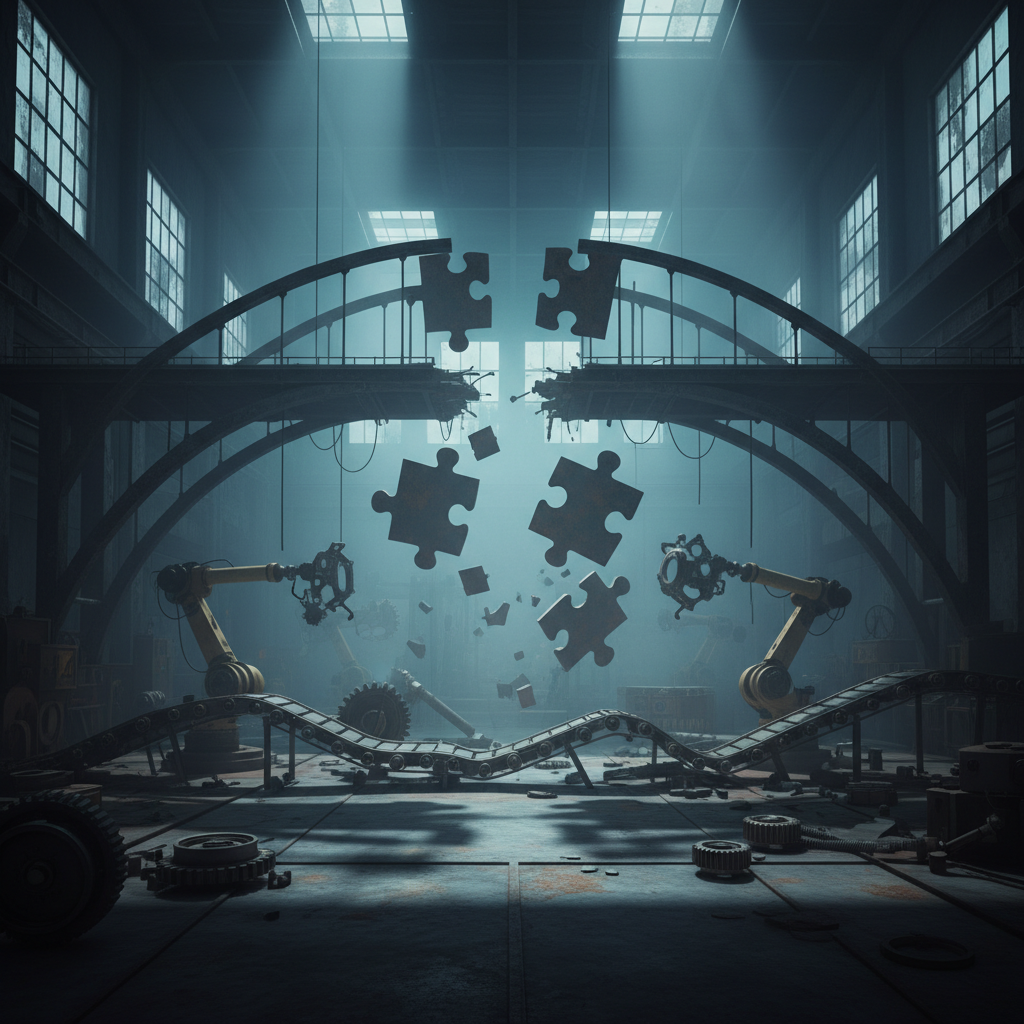 conceptual image of a broken bridge or disconnected puzzle pieces representing supply chain issues in a factory setting, moody lighting, professional style