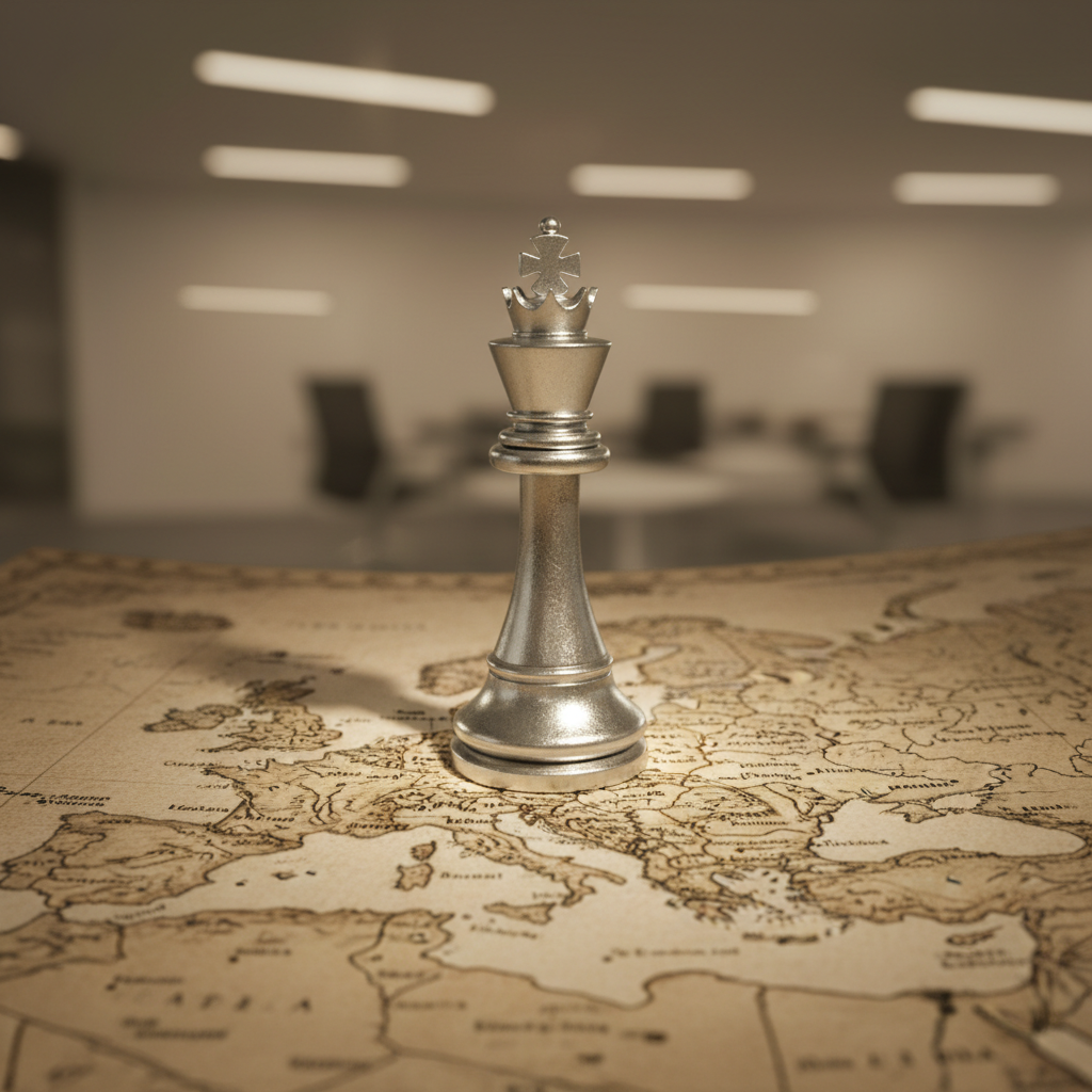 Chess piece (king or queen) standing on a map of Europe, representing strategic retail dominance, blurred background