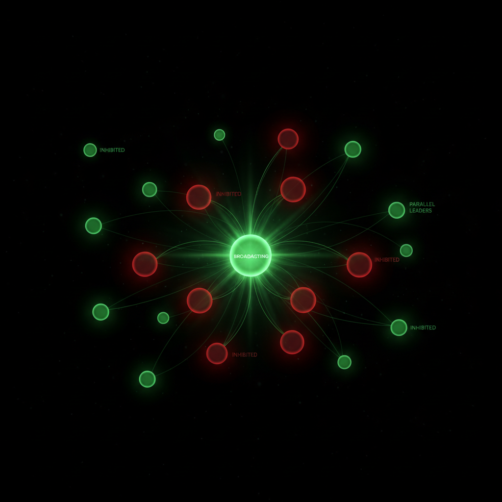 Network diagram on dark background: A central green node glowing brightly (broadcasting), immediately connected nodes turned slightly red (inhibited), and far away nodes also glowing green (parallel leaders).