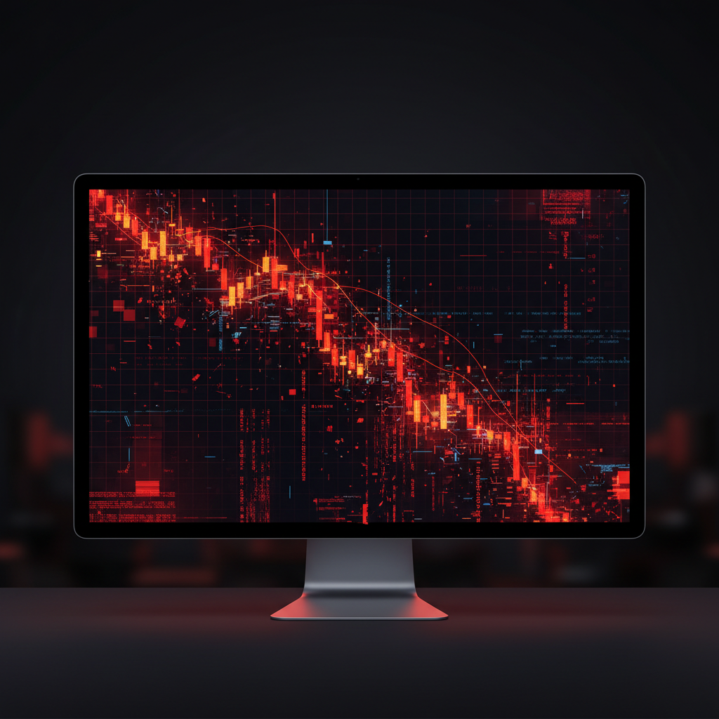 Computer monitor displaying a fake financial trading graph crashing down in red, digital error style