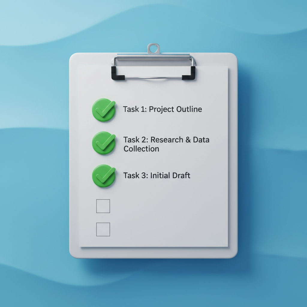 3D illustration of a checklist on a clipboard with green checkmarks, blue background